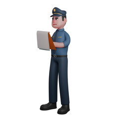 3D Cartoon Male Police. A police officer is carefully reading or examining a document. Uniformed Officer
