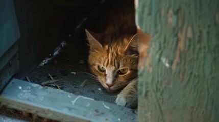 Obraz premium A cautious orange cat peeks from a sheltered spot, observing its surroundings with intensity and readiness, embodying curiosity and alertness.