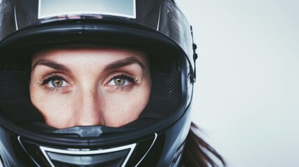 A close-up of a woman's face with intense green eyes, framed by a black motorcycle helmet, revealing an expression of boldness and determination.