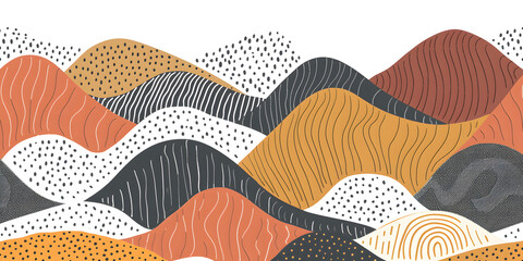 An artistic pattern featuring stylized mountains in earth tones, ranging from deep blues to warm oranges