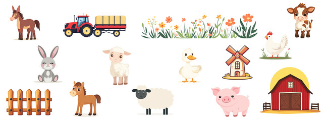 Fototapeta premium Set. Animal farm, farm elements with many animals isolated on white background.