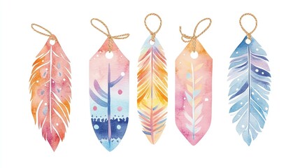 Watercolor painted feather tags, perfect for crafts and scrapbooking