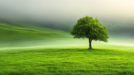 A lone tree in a green field with fog and mountains, AI