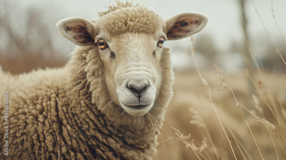 Wall mural a sheep standing in a field gazes calmly with a soft-focus background of dry grass and overcast sky.