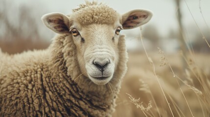 Fototapeta premium A sheep standing in a field gazes calmly with a soft-focus background of dry grass and overcast sky.