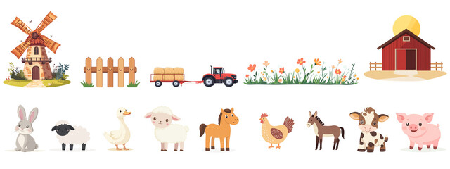 Naklejka premium Set. Animal farm, farm elements with many animals isolated on white background.