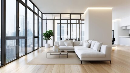 Fototapeta premium A spacious, modern living room with large windows, a white sectional sofa, wooden floors, and city views, basking in natural light for an airy and sophisticated ambiance.
