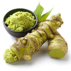 Fresh wasabi roots and wasabi paste in a bowl, commonly used in Japanese cuisine for its pungent and spicy flavor.