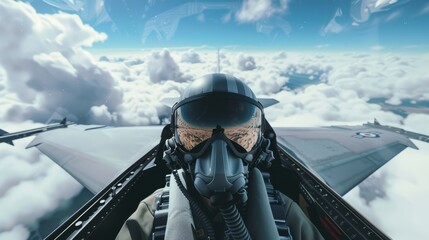 A pilot in a fighter jet cockpit soars above the clouds, capturing a thrilling view from the sky with clear blue expanses.