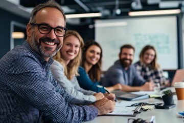 Happy businesspeople at a conference table, smiling and looking at the camera. A man with glasses takes notes on a board during a casual meeting or training session. Studio lighting used.