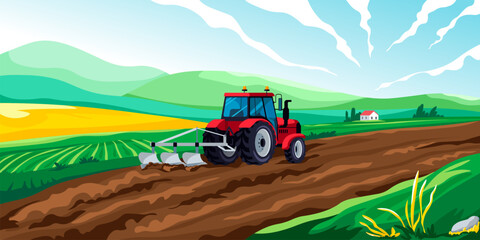 Tractor field landscape. Agricultural work farming tractors rural ranch cartoon background countryside harvest scene, farmer cultivated arable farmland recent vector illustration © ssstocker