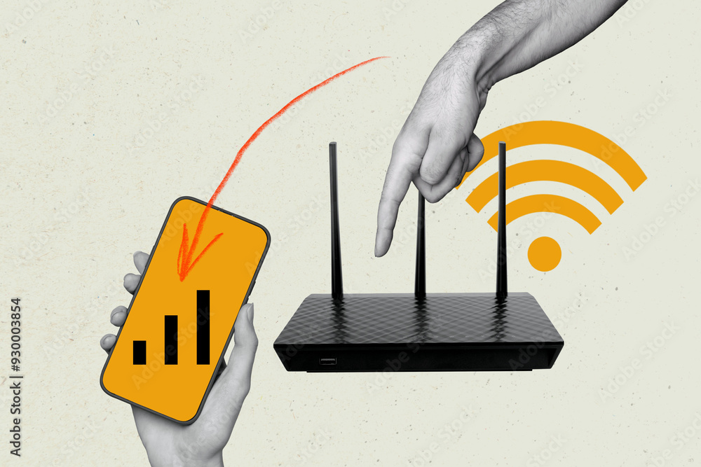 Poster creative image collage wifi router broadcast signal hotspot smartphone screen device internet access