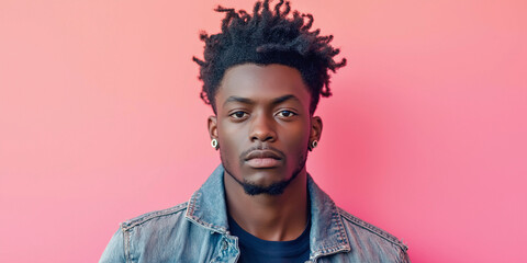 Fototapeta premium Young African American man in a punk look on a bright pink background in a denim jacket. Advertising banner