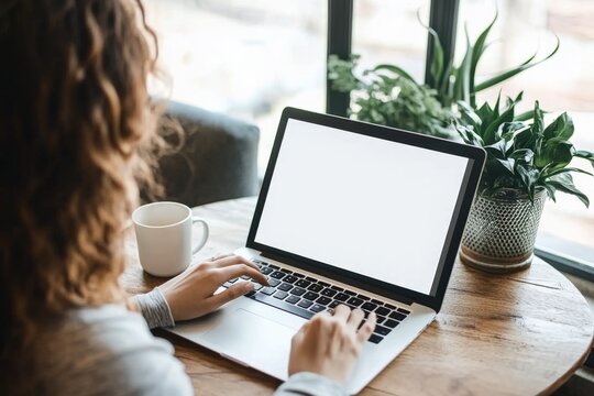 Casual woman with curly hair typing on laptop at wooden desk with coffee cup, green plants, blurred background, soft natural light, emphasizing workspace and productivity - Powered by Adobe