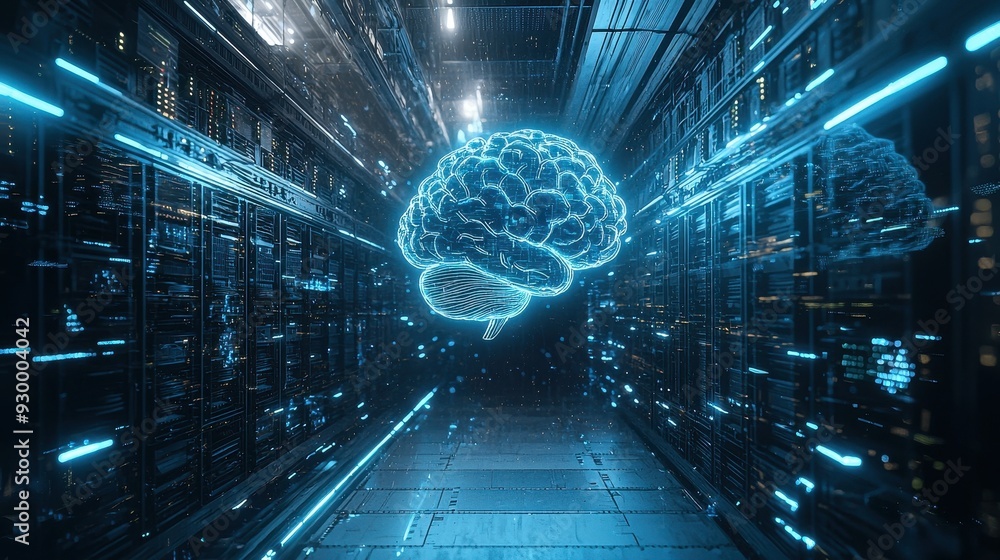 Poster a digital brain floating in a futuristic data center