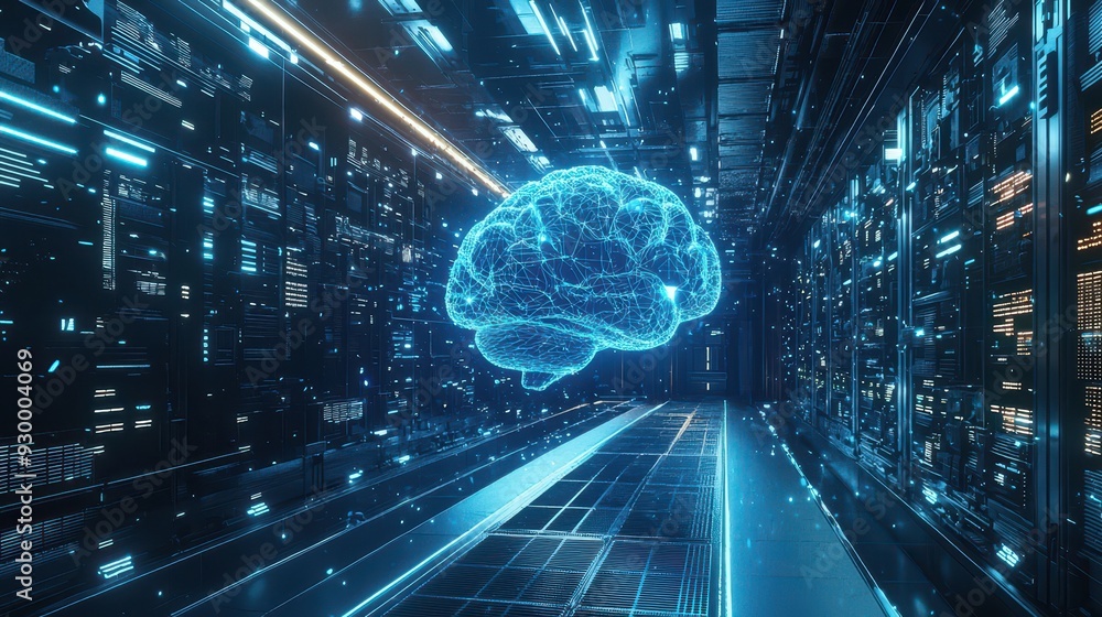 Aufkleber a digital brain floating in a futuristic data center