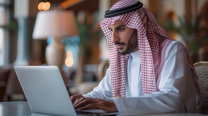 Contemporary Workspaces, Arab Man with Laptop. Generative AI.