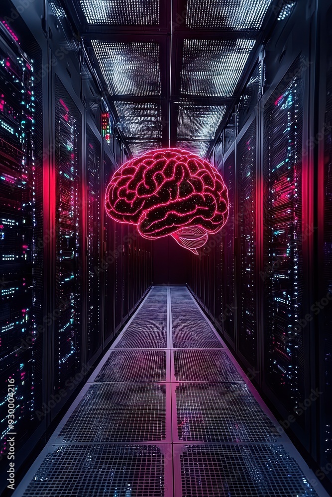 Aufkleber a digital brain floating in a futuristic data center