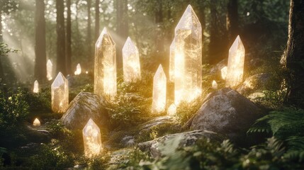 A tranquil scene of ethereal crystals with gentle, glowing light arranged in a mystical, enchanted forest.