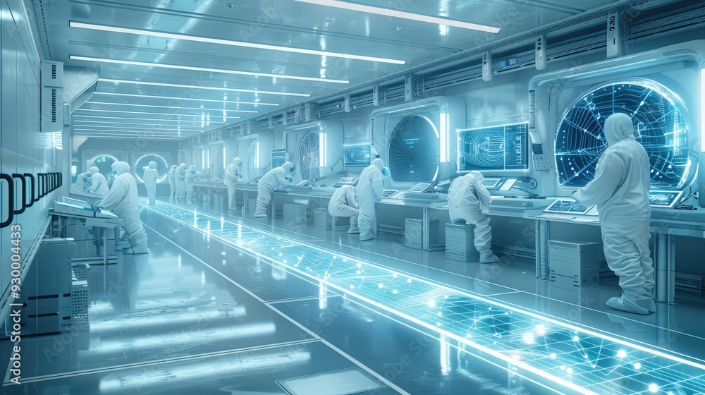 Aufkleber a futuristic high-tech laboratory with workers in white hazmat suits, working on advanced technology