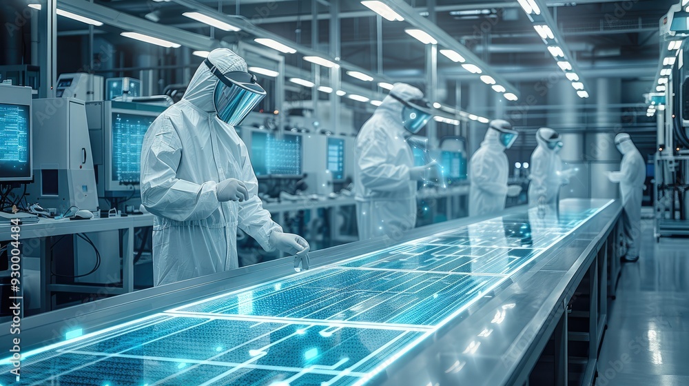 Aufkleber a futuristic high-tech laboratory with workers in white hazmat suits, working on advanced technology
