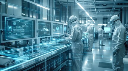Obraz premium A futuristic high-tech laboratory with workers in white hazmat suits, working on advanced technology and holographic displays, inside an industrial building. Generative AI.