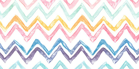 A seamless zigzag pattern with pastel colors in pink, green, yellow, blue, and purple. The vibrant and playful design is ideal for backgrounds, textiles, and creative projects.