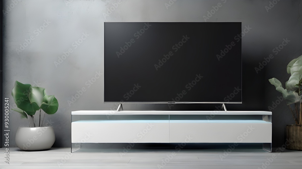 Poster front view of a blank white television screen mockup in gloomy environments, rendered in 3d. mockup 