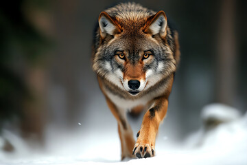 Obraz premium Majestic wolf confidently walking through the snow in a serene forest setting, capturing the wild beauty and strength of the animal.