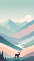 Serene Mountain Sunrise with Deer in Retro Pastel Illustration