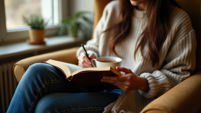 A woman in a cozy beige sweater sits comfortably in a chair, reading a book and holding a cup of tea, beside a window with potted plants and natural light pouring in.