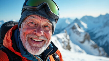 A man in a red jacket and ski goggles stands in a mountainous, snowy terrain, appreciating the scenic, snow-clad peaks and clear blue sky, embodying the adventurous spirit of winter sports.