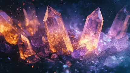 An abstract composition of starlight crystals with intricate facets, glowing softly against a dark, cosmic backdrop.