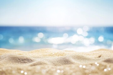 Serene summer beach scene with soft sand and calm sea, featuring natural colors and soft light, ample space for text, ideal for banners and professional designs.