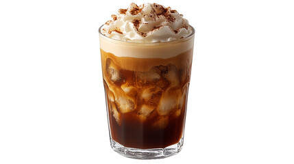 A glass of cold coffee with ice cubes and cream on top	isolated on a transparent background