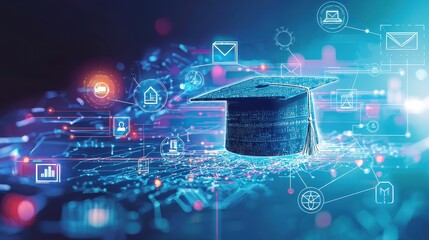  a graduation cap with various icons 