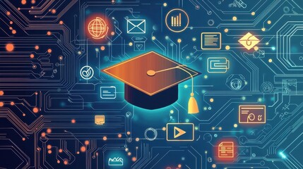  a graduation cap with various icons 