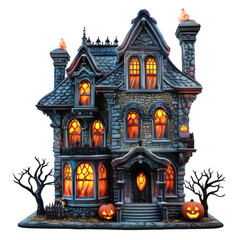 Halloween haunted house, halloween-themed, isolated on solid white background