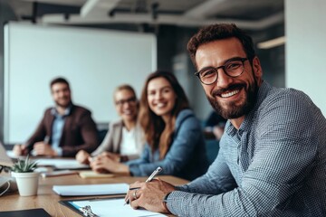 Happy businesspeople at a conference table, smiling and looking at the camera. A man with glasses takes notes on a board during a casual meeting or training session. Studio lighting used.