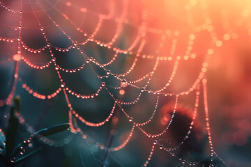 Fototapeta premium Spider web with dew drops at sunrise. Beautiful nature background