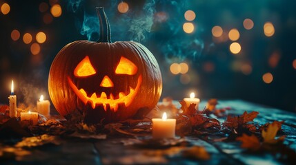 Obraz premium Halloween pumpkin with a carved face and candles on a wooden table.