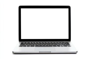 Fototapeta premium Black laptop with blank screen on white background, ideal for design mockups, featuring ultra-realistic view of silver MacBook Pro.