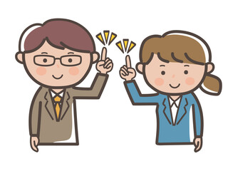 ポイントを説明する上司と部下イメージの男女ビジネスマンの上半身イラスト