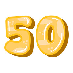 Yellow number 50 fifty vector illustration, cartoon colorful number 50 clip art, fun childish number, 50th birthday