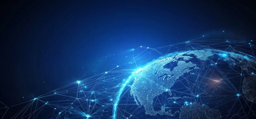 Abstract blue background with glowing network connections and a global world map, ideal for internet of things or digital connection concepts, featuring ample copy space and high-resolution profession
