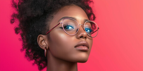 Young African American woman in a punk image on a bright background, wearing glasses with bright makeup advertising banner