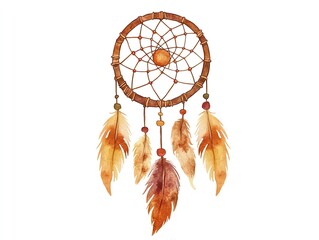 Watercolor illustration of a dreamcatcher with feathers and pine branches.