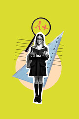 Vertical photo collage of happy nerd schoolgirl hold diary receive excellent mark education ruler supplies isolated on painted background