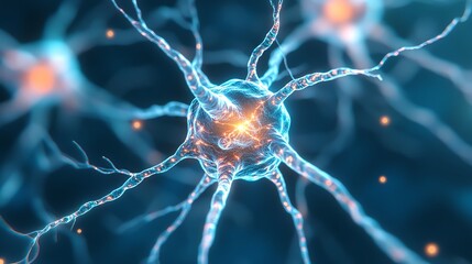 Close-up view of a neuron showcasing intricate connections and glowing synapses, representing the complexity of the nervous system.