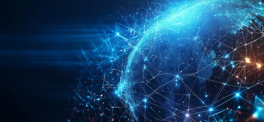 Abstract blue background with glowing network connections and a global world map, ideal for internet of things or digital connection concepts, featuring ample copy space and high-resolution profession